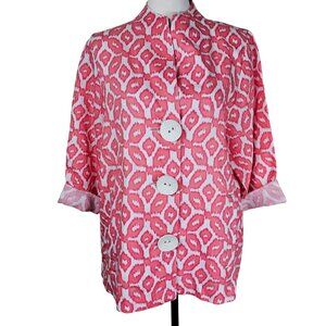 VTG Painted Pony Linen Button Up Blouse S Ikat Print Coral & White Coastal USA